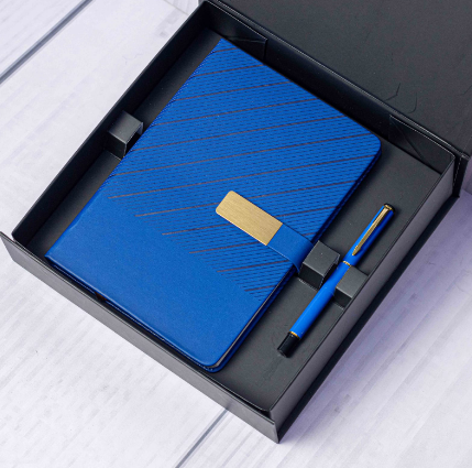 Custom laser-engraved executive notebook and pen gift set in blue by Print365 Kenya