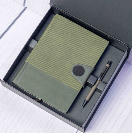 Custom laser-engraved executive notebook and pen gift set in green by Print365 Kenya