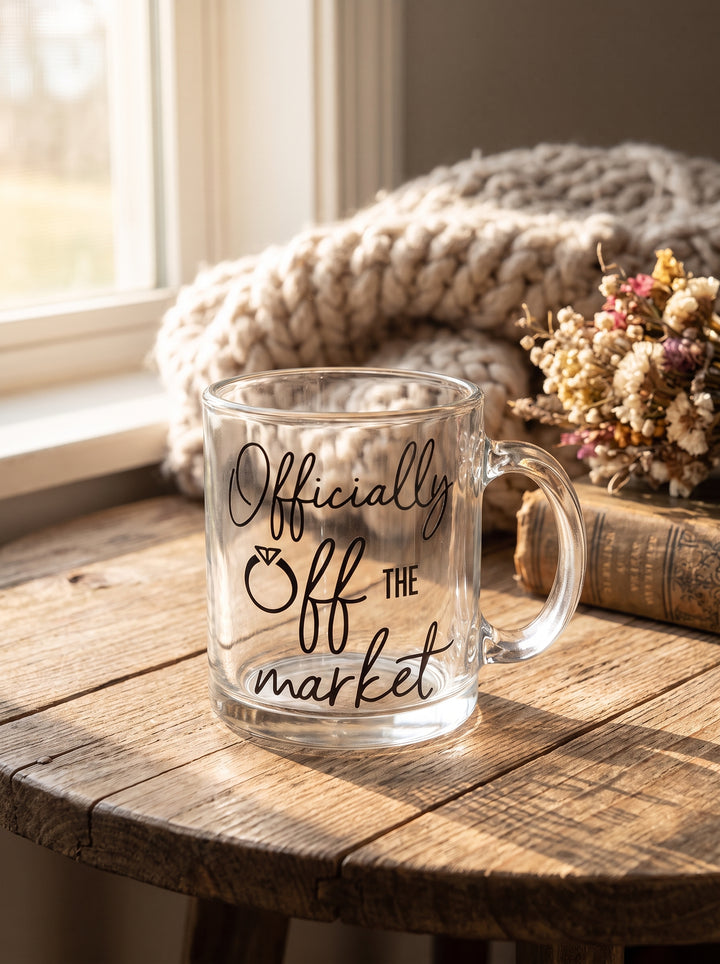 Customized clear glass mug with a handle printed with the phrase &
