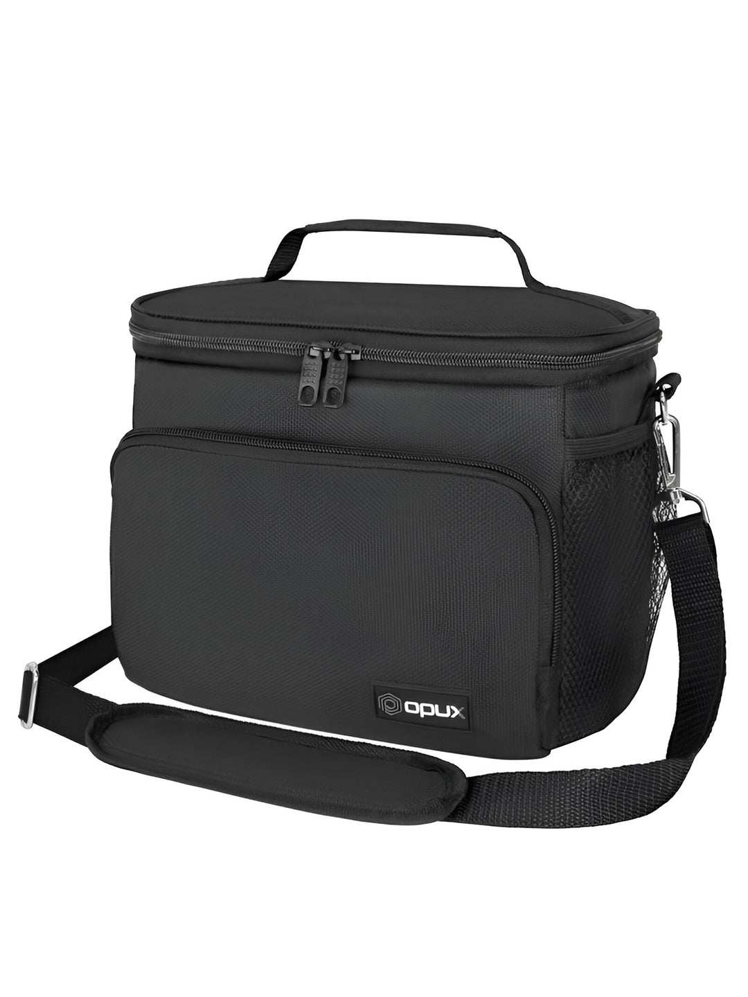 A black OPLUX soft-sided cooler bag with a top handle, front zippered pocket, and an adjustable shoulder strap by Print365 Kenya