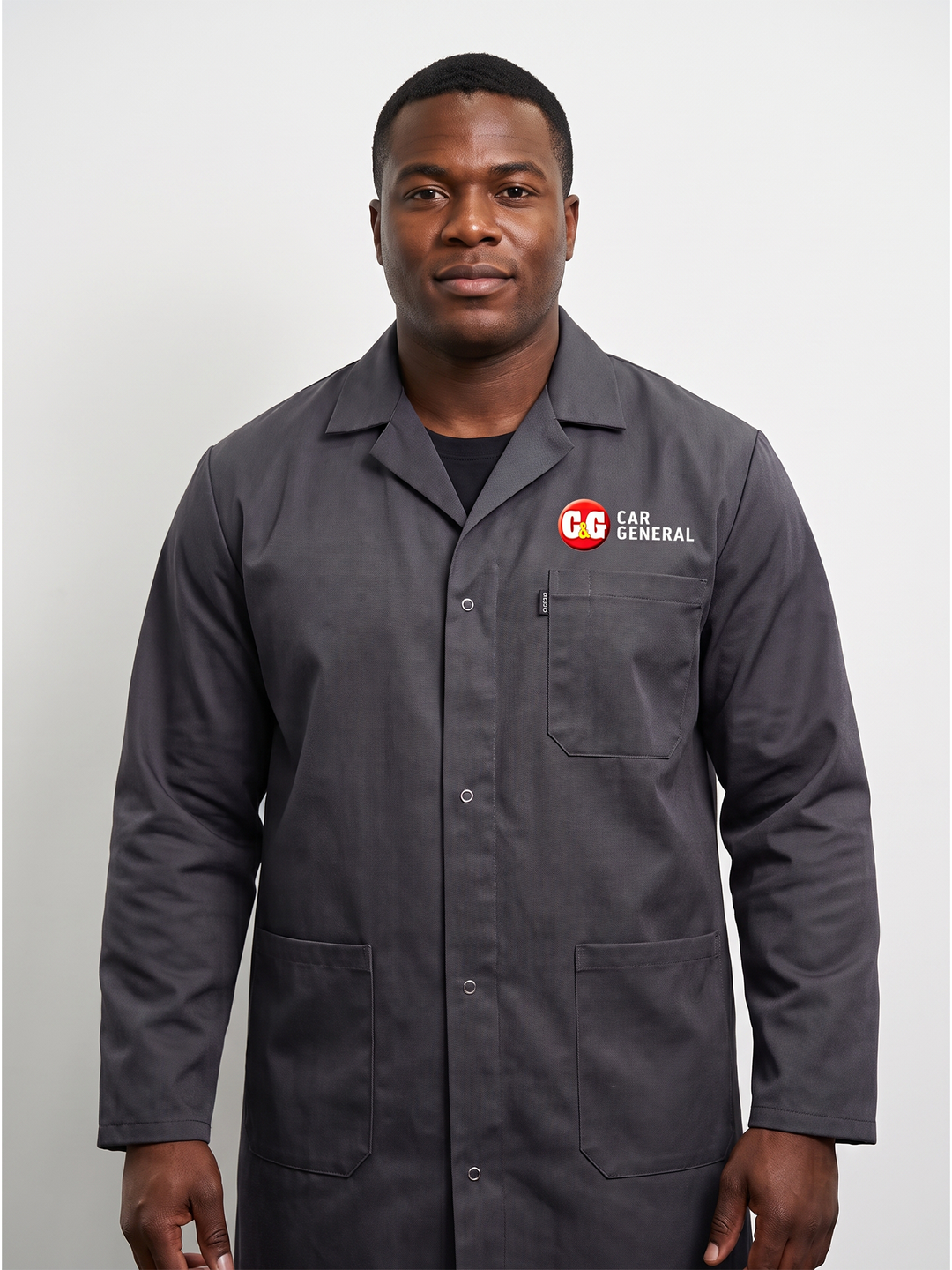 Technician wearing a custom branded dust coat in Nairobi, Kenya