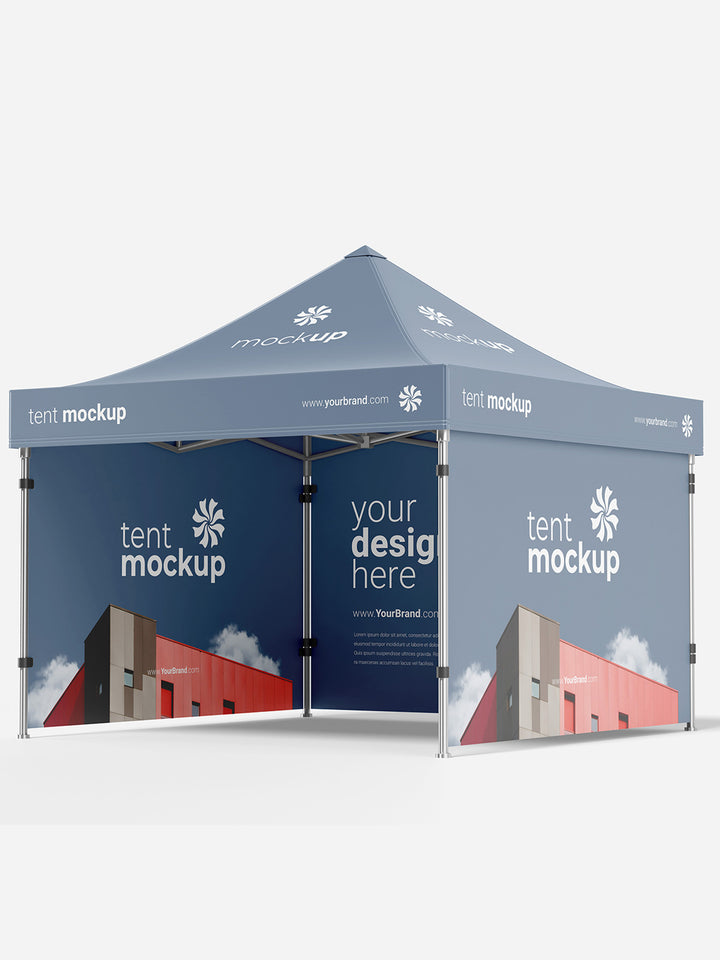 A pop-up display tent mockup with a blue-gray roof and matching side panels, featuring printed branding text and building graphics done in Nairobi, Kenya