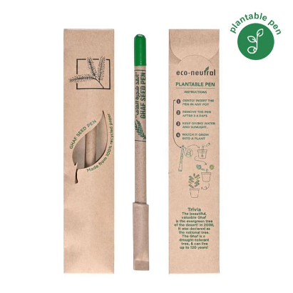 Custom screen-printed imported eco-neutral plantable Ghaf seed pen in recycled paper sleeve by Print365 Kenya   