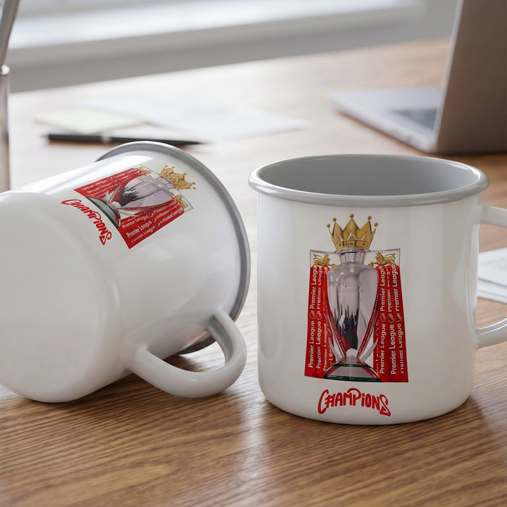 Cust0mized enamel mug featring the premier league trophy done by Print365 Nairobi