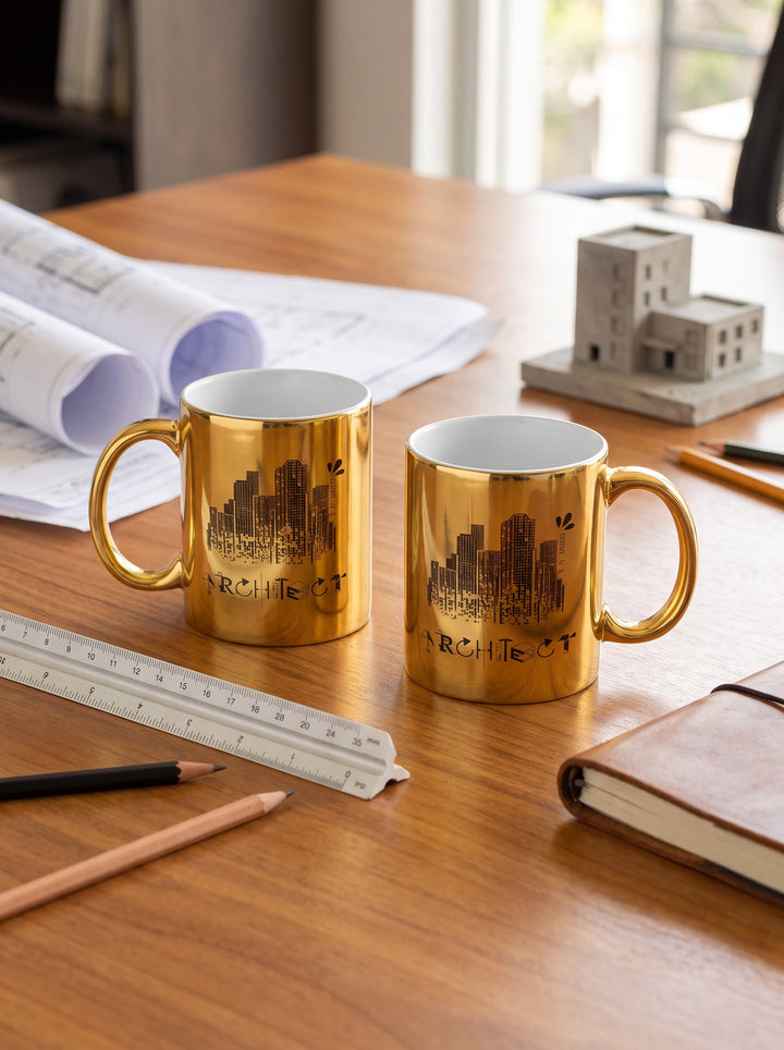 Two custom gold ceramic mugs with black architectural skyline designs and the text &