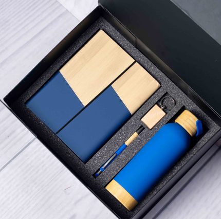 Custom laser-engraved eco bamboo 4-in-1 corporate gift set in blue by Print365 Kenya