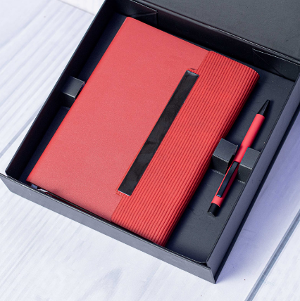 Custom laser-engraved executive notebook and pen gift set in red by Print365 Kenya