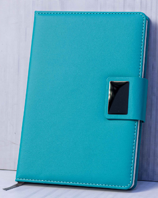 Custom laser-engraved executive A5 lake green leatherette notebook with dark metal buckle by Print365 Kenya