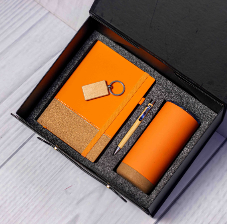 Custom laser-engraved eco-friendly 4-in-1 cork gift set in orange by Print365 Kenya