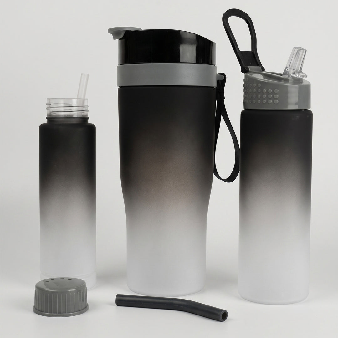 Custom printed 3-in-1 gradient black and white frosted plastic water bottle set by Print365 Kenya