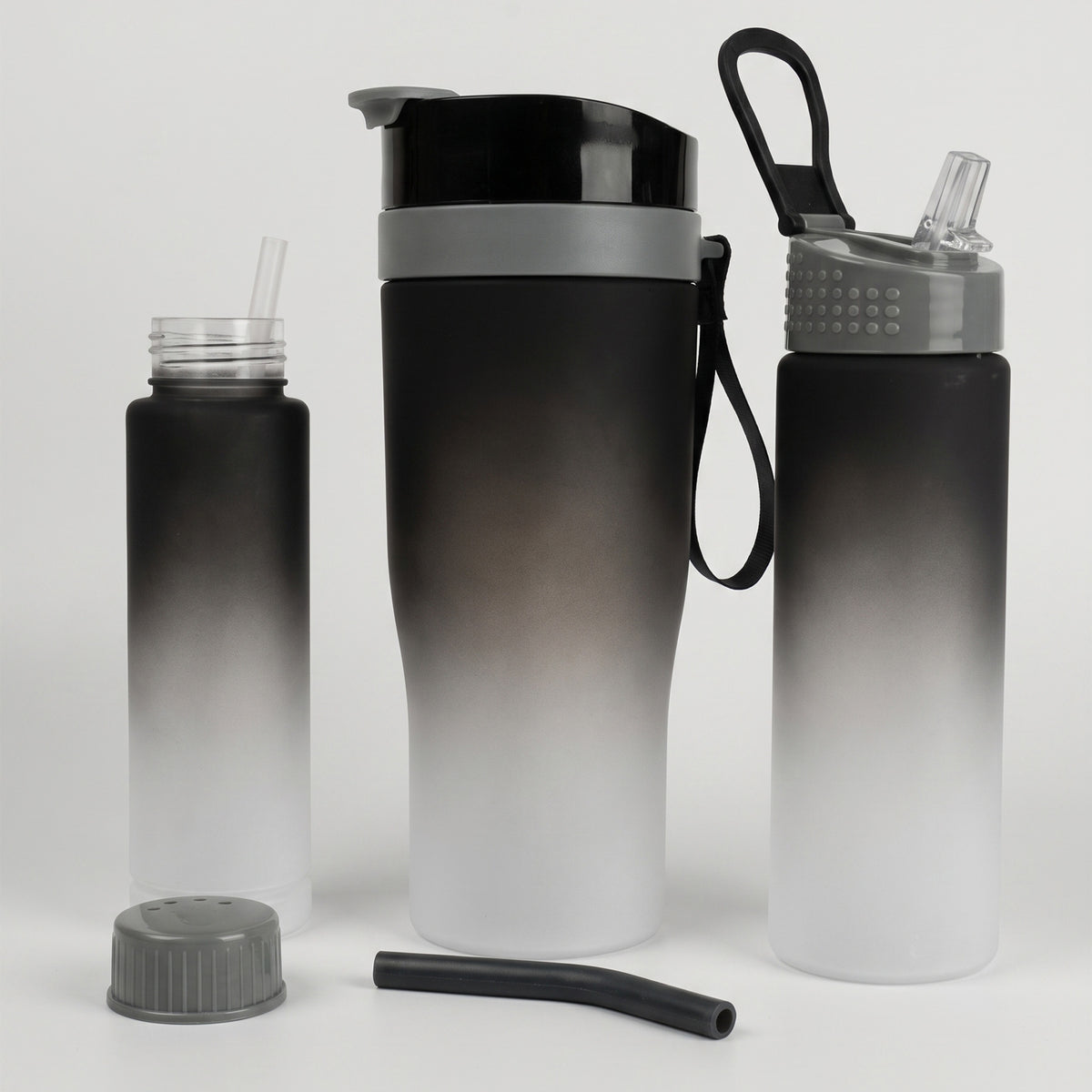 Custom printed 3-in-1 gradient black and white frosted plastic water bottle set by Print365 Kenya