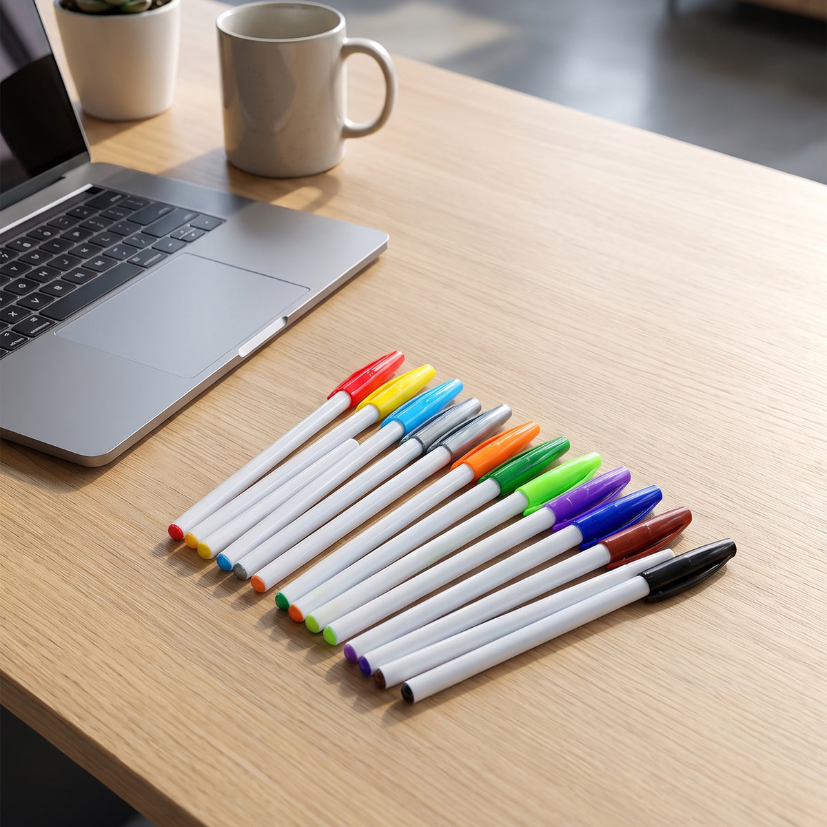 Promotional white plastic stick ballpoint pens featuring a vibrant colored removable caps by Print365 Nairobi