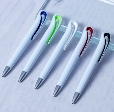 Custom branded white plastic promotional pens with curved color loop clips by Print365 Kenya