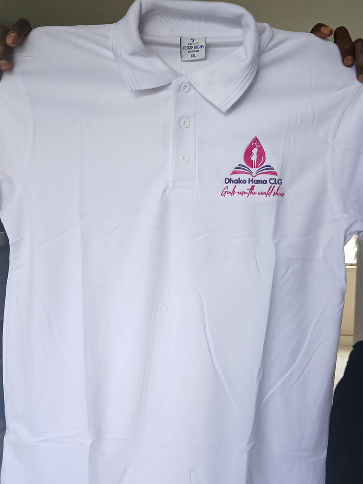 Front view of a white promotional polo shirt