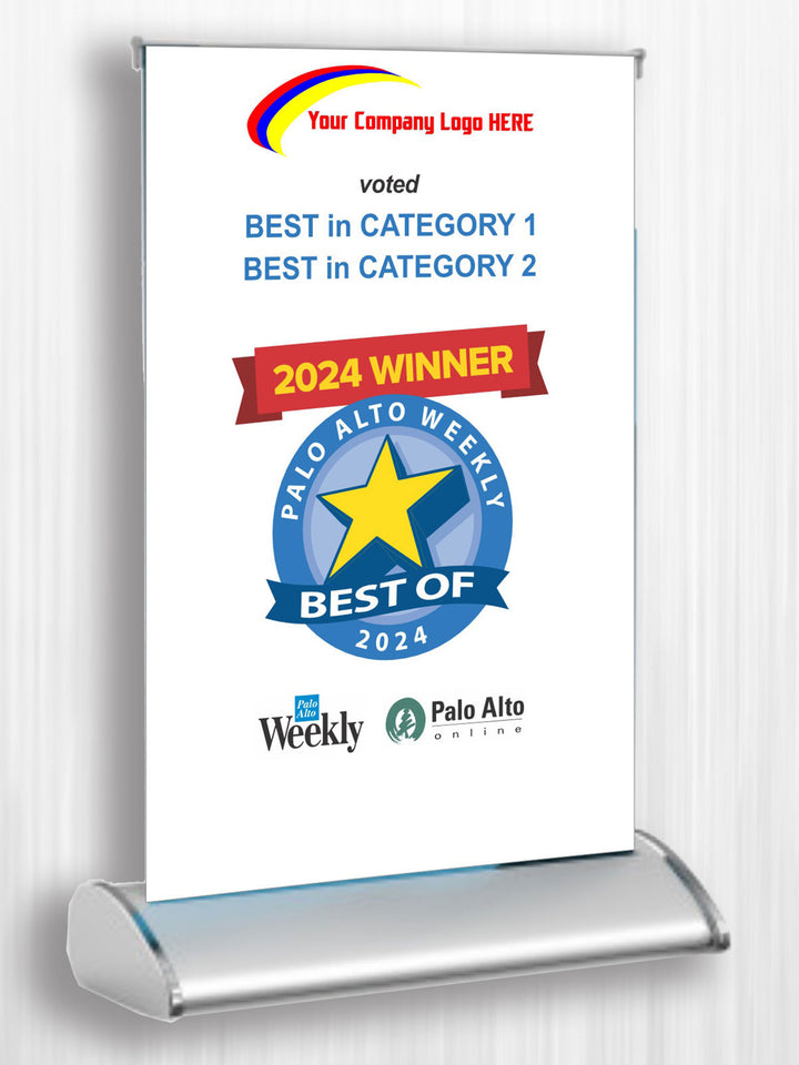 Portable tabletop pull-up banner stand showing a close-up display for promotional indoor events