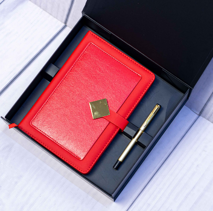 Custom laser-engraved executive notebook and pen gift set in red by Print365 Kenya