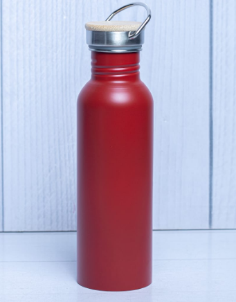 Custom laser-engraved stainless steel water bottle with natural bamboo lid in crimson red by Print365 Kenya