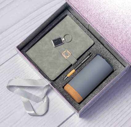 Custom laser-engraved executive 4-in-1 corporate gift set in grey with cork base tumbler by Print365 Kenya