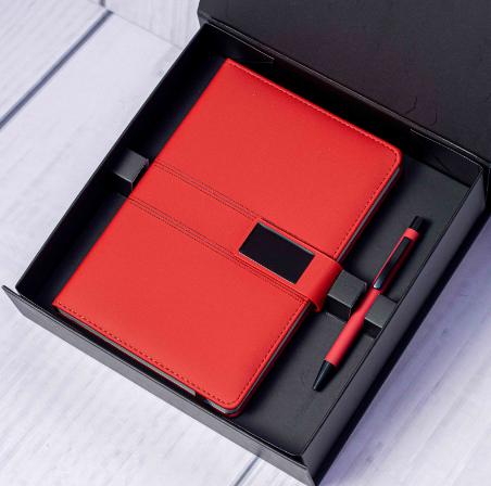 Custom laser-engraved executive notebook and pen gift set in red by Print365 Kenya