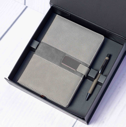 Custom laser-engraved executive notebook and pen gift set in grey by Print365 Kenya