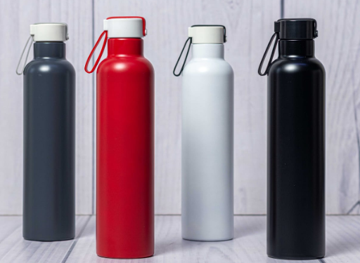 Display of powder-coated 800ml stainless steel thermal flasks in grey red white black by Print365 Kenya