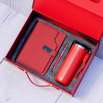 Custom laser-engraved executive 3-in-1 corporate gift set in red with suitcase box by Print365 Kenya