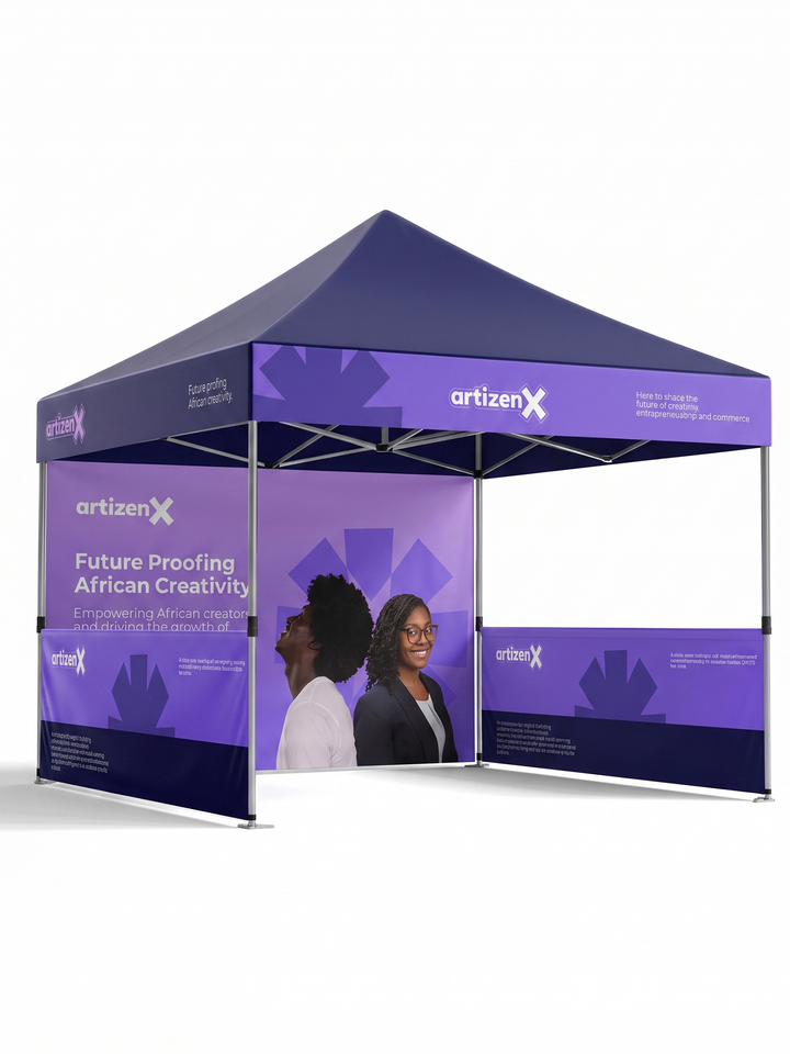 A pop-up display event tent with purple and navy branding for ArtizenX, featuring printed panels and a central backdrop with two people shown in the printed design by Print365 Kenya
