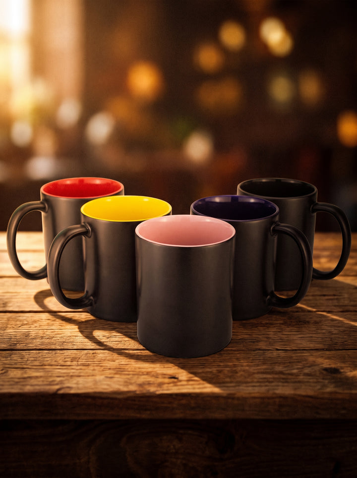 Five custom two-toned magic ceramic mugs with black exteriors and colorful interiors (red, yellow, dark blue, and pink) by Print365 Nairobi