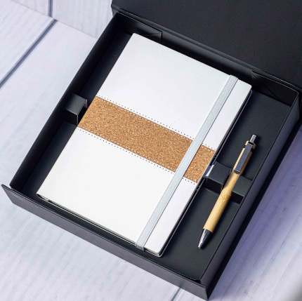 Custom laser-engraved eco notebook and pen gift set in white by Print365 Kenya