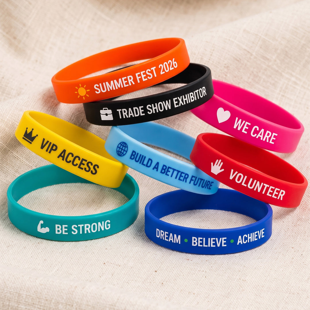 Assorted mix of custom printed Tyvek, silicone, woven fabric, and vinyl event wristbands by Print365 Kenya