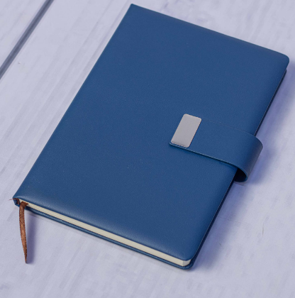 Custom laser-engraved executive A5 dark blue leatherette notebook with silver metal clip by Print365 Kenya